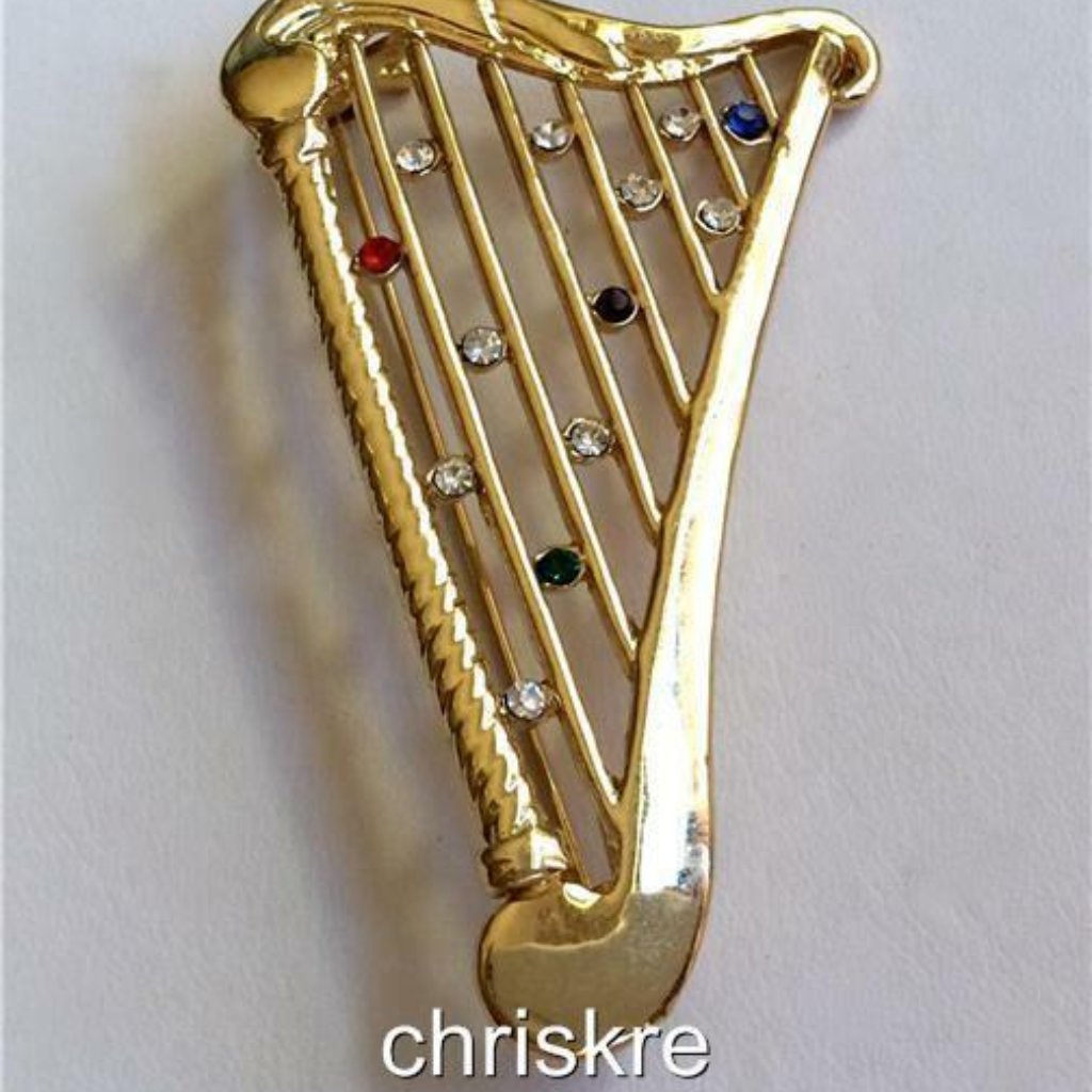 Harp Music Pin Brooch Gold Plated Celtic Lyre Crystal Musician Gift Multicolor